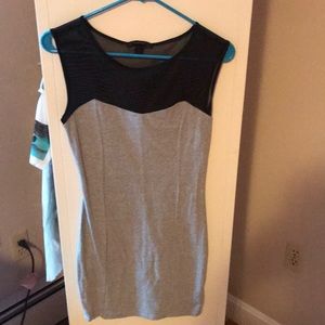 Grey body con dress with black mesh top